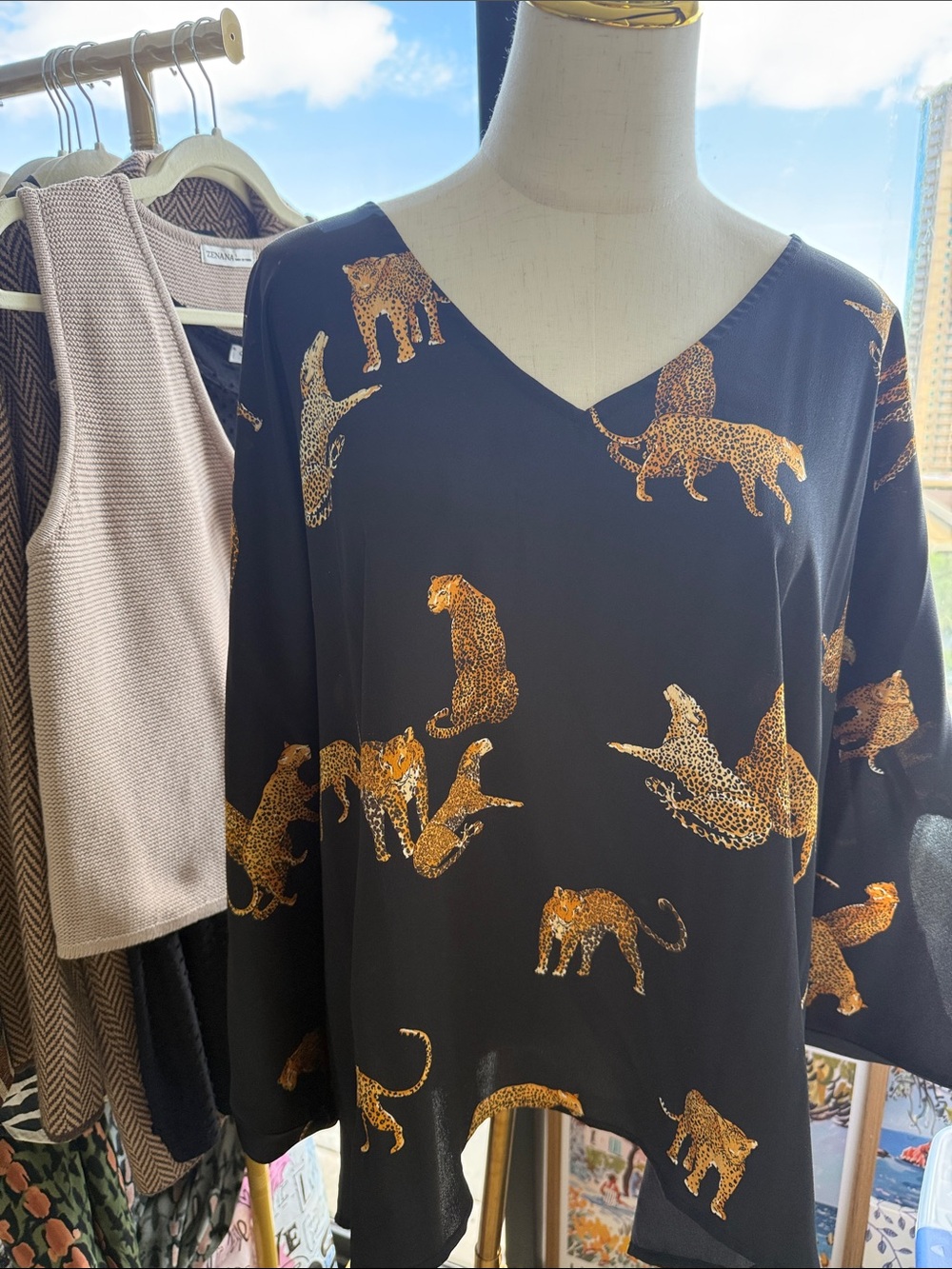 eesome Black Blouse Poncho with Gold Leopard Accent